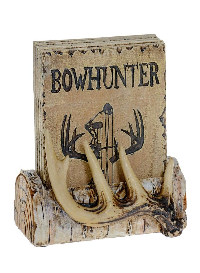 Pine Ridge Home Antler Wood Log Coaster Set with Holder - Bow Hunter Country Absorbent Coaster - Cabin Lodge Home Decor for Hunter Men - Man Cave Coasters Rustic Wood Decor Accent - Image 1
